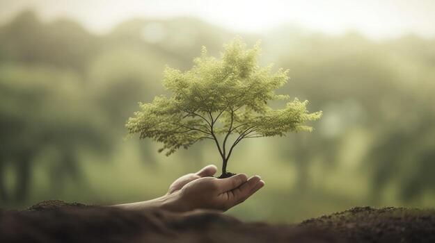artistic hands embrace nature s beauty holding tree over blurred background photo